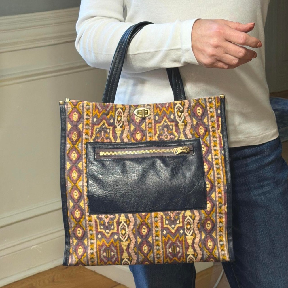 Vintage dark academia southwestern tapestry navy tote bag - Picture 1 of 8